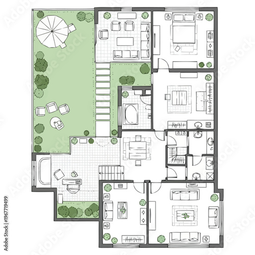 Architectural Floor Plan Drawing of a Modern House Layout with Outdoor Living Space and Detailed Interior Design Furnishings furniture icons interior
