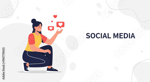 Woman Interacting with Social Media Likes and Hearts, Social Media Concept