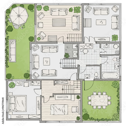 Detailed Architectural Floor Plan Presentation of a Modern Multi Story Residential House Showing Interior Layout Rooms Furniture Exterior Garden