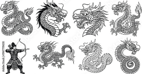Chinese dragon and warrior illustration set featuring mythical creatures, oriental patterns, and detailed line art designs in traditional Asian vector style