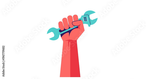 Empowering symbol of human labor, mechanical repair, and solidarity, depicted as a strong raised hand gripping a metal wrench tool in a flat graphic style