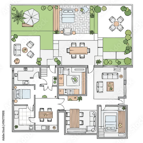 Modern Dwelling Floor Plan Design With Outdoor Living Spaces And Furniture Layout For Residential Property furniture icons interior design