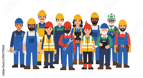 Diverse team of skilled tradespeople standing together, representing various manual labor professions and the construction industry workforce