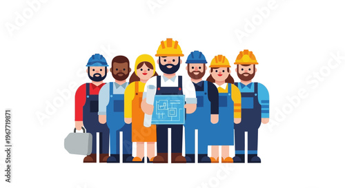 Diverse team of professional construction workers and skilled tradespeople in safety gear, representing a collaborative industrial workforce