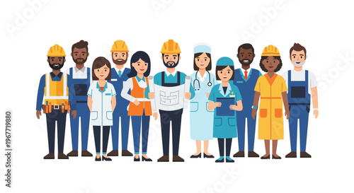 Diverse Group of Professionals Representing Various Occupations and Essential Workforce standing together as a unified team illustrating collaboration and community