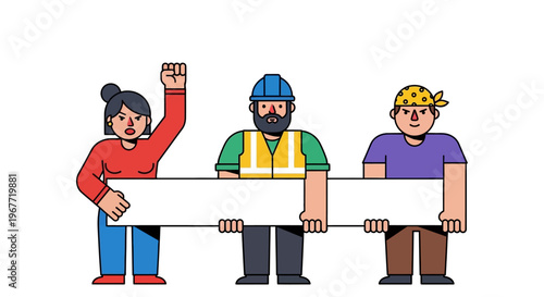 United workers protest for labor rights, holding a blank banner with an activist raising a powerful fist in solidarity and advocacy for change