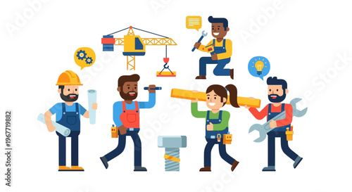 Team of construction workers with tools and equipment, illustrating teamwork and industrial labor