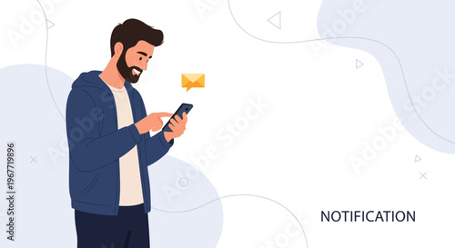 Man checking smartphone for new message notification, modern flat illustration