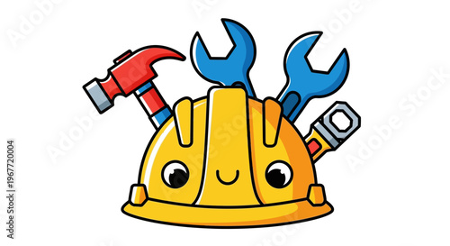 Cartoon Hard Hat with Tools Construction and Repair Concept Illustration