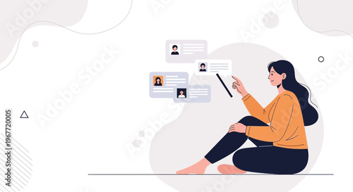 Woman browsing profiles on tablet, online recruitment, user interface design