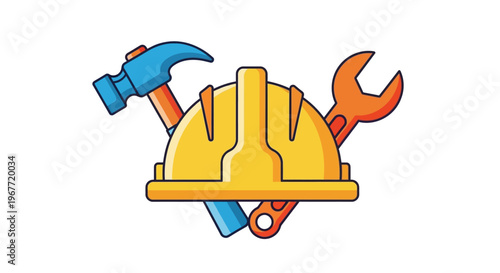 Construction Helmet with Tools Hammer and Wrench Vector Illustration