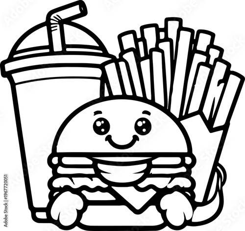 Premium Quality Stock Graphic of a Stylishly Presented Cartoon Fast Food Meal, Designed with Bold Outlines and Glossy Surfaces, Ideal for Social Media Campaigns and Restaurant Flyers