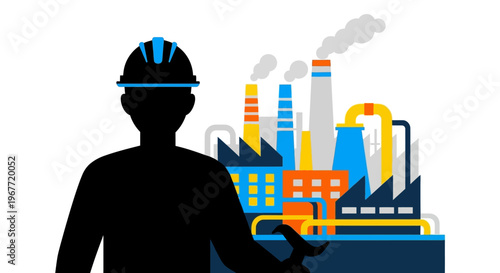 Dedicated industrial worker silhouette with a hard hat and wrench, set against a vibrant manufacturing factory, symbolizing engineering and production