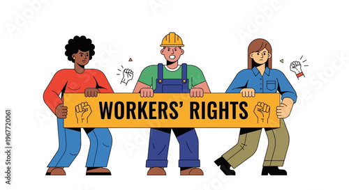 Empowered diverse workforce united in a demonstration, holding a 'WORKERS' RIGHTS' banner, symbolizing labor advocacy and social justice