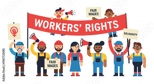 Empowering Illustration of Diverse Workers Unitedly Protesting for Essential Labor Rights and Fair Compensation