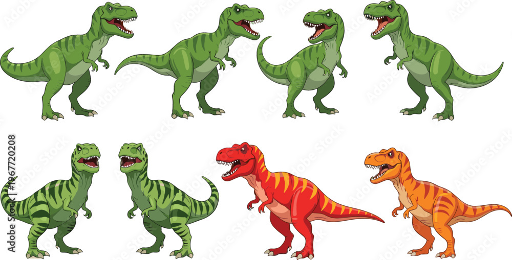 Fototapeta premium Cartoon Tyrannosaurus rex dinosaur set featuring multiple poses, colorful variations, and playful prehistoric character design in fun vector illustration style