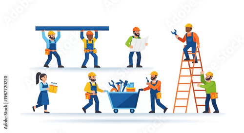 Dynamic construction team engaged in various building tasks, showcasing professional labor, collaboration, and hard work with essential tools and blueprints