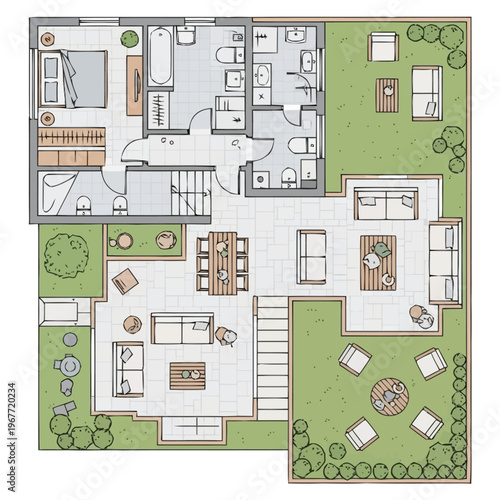 Modern Family Home Floor Plan Layout With Outdoor Living Area And Green Spaces Showing Furniture Arrangement And Architectural Design Elements