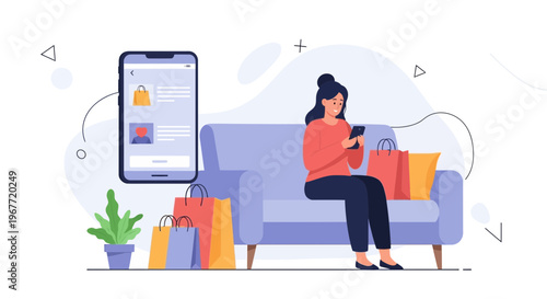 Woman Shopping Online on Sofa with Shopping Bags and Smartphone