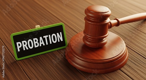 Gavel and probation sign on a wooden desk in a courtroom setting for legal judgment