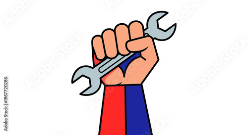 Powerful Raised Fist Gripping a Wrench, Symbolizing Labor, Industry, and Mechanical Strength for Progress