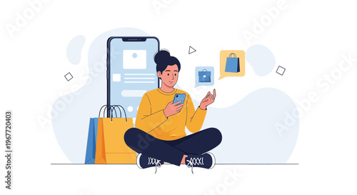 Woman using smartphone for online shopping with shopping bags and phone illustration