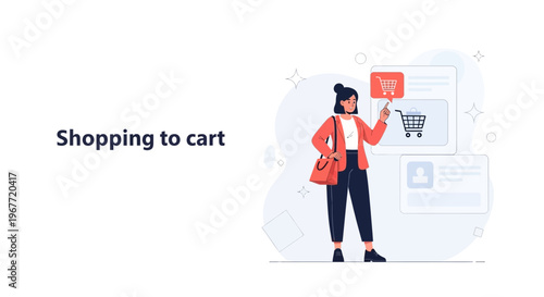 Woman adding item to online shopping cart, e-commerce concept illustration