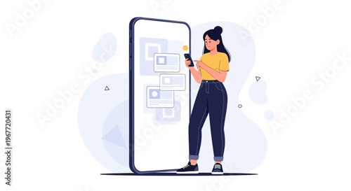 Young Woman Using Smartphone Next to Giant Mobile Phone Screen with Cards