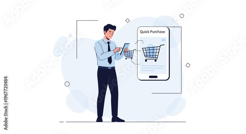 Man using smartphone for quick online purchase with shopping cart icon