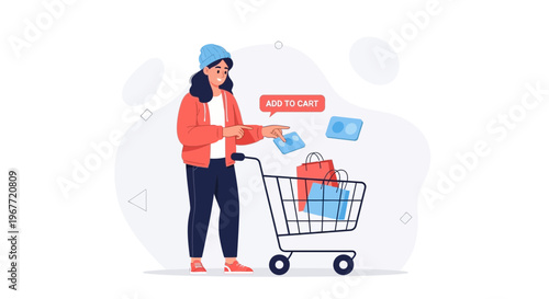 Woman Adding Items to Shopping Cart Online, E-commerce Concept