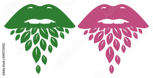 Vibrant lips with cascading leaves symbolizing nature and beauty