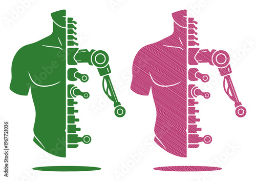 Futuristic human torso split between organic and robotic elements, symbolizing integration and advancement.