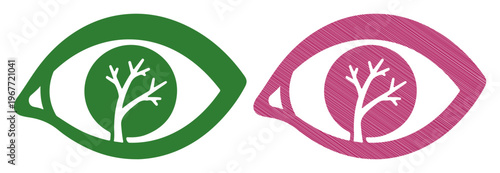 Two stylized eyes, one green and one pink, each reflecting a bare tree symbolizing vision and nature.