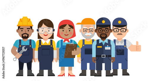 Diverse group of skilled workers in work uniforms and safety gear, representing various professions