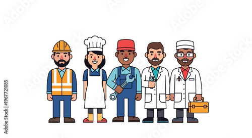 Diverse group of professionals in distinct uniforms, including construction, culinary, mechanical, and medical fields, showcasing a variety of occupations
