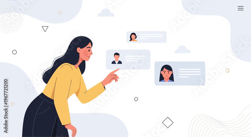 Woman interacting with user profiles on a digital interface, recruitment concept
