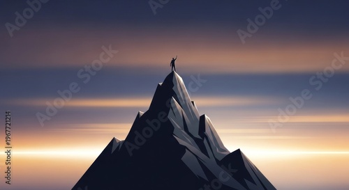A lone figure stands atop a majestic mountain peak, reaching towards the sky, with a serene and majestic landscape in the background.
