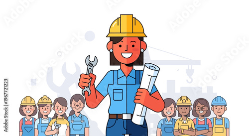 Diverse group of women working in construction, holding tools and blueprints, celebrating female empowerment in industry
