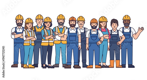 A diverse and inclusive team of professional construction workers and skilled tradespeople standing together, symbolizing unity, safety, and expertise in the building industry