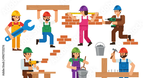Vibrant illustration depicting a busy construction site with diverse workers engaged in building, carpentry, and masonry, highlighting essential labor and progress in industry