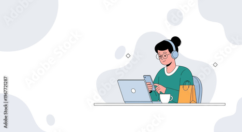 Young woman with headphones using smartphone and laptop, working or studying from home
