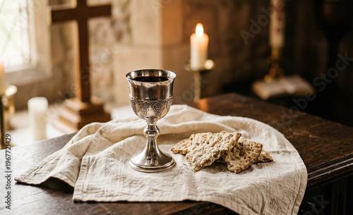 Sacred Holy Communion with Silver Chalice Bread and Wooden Cross in Candlelight