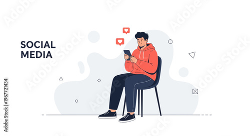 Young Man Using Social Media on Smartphone, Likes Notifications