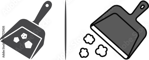 Minimalist vector icons of dustpans for cleanup. Features a dark grey silhouette with light outlines and a simple grey-filled outline version, both shown with collected debris.