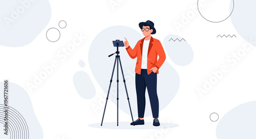 Young Man with Hat Filming with Smartphone on Tripod, Vlogging Concept
