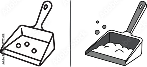 Minimalist vector icons of dustpans collecting debris. Features a clean black outline version and a shaded grey version with a long handle, representing household cleaning and maintenance tasks.