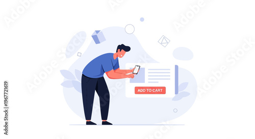 Man Using Smartphone for Online Shopping, Adding Product to Cart