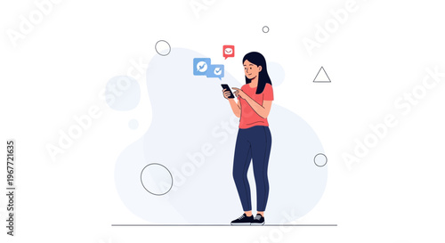 Woman Using Smartphone, Social Media Notifications, Online Communication Concept