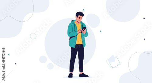Young man in casual clothes using smartphone, modern abstract background