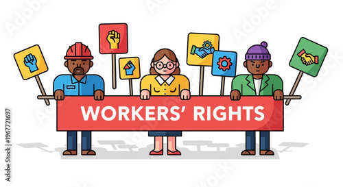 Diverse Workforce Unites for Workers' Rights, Advocating for Fair Labor Practices and Social Justice with Protest Signs